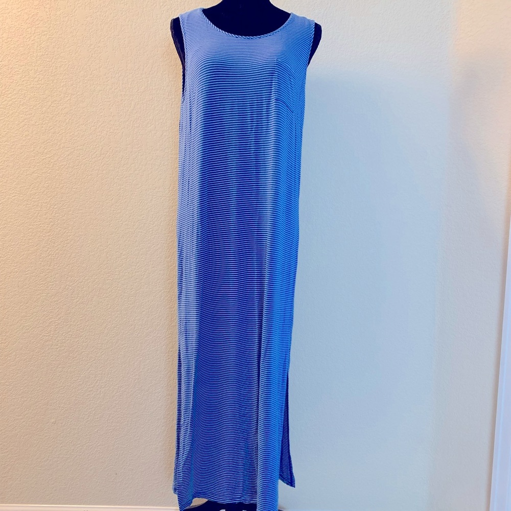 Blue and white striped maxi dress